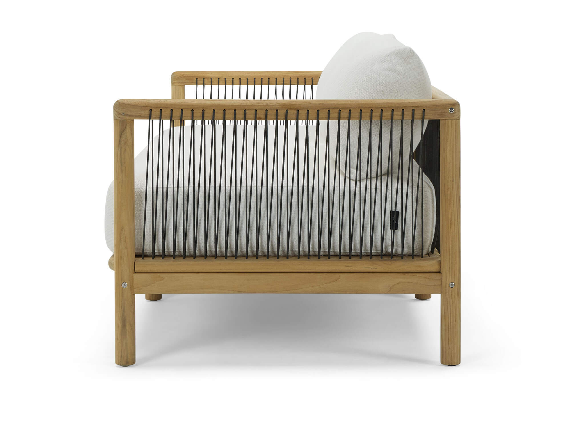 Side view of two seat outdoor sofa with white cushions